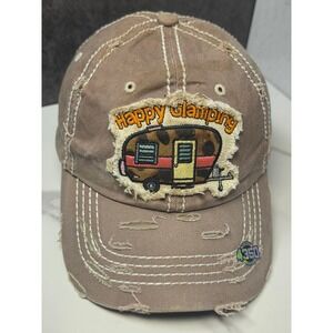 4350 District Happy Glamping Distressed Baseball Cap Tan Brown‎ Leopard Brim Hat
